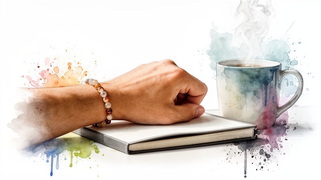 A person's arm with an Indian agate bracelet rests on a notebook next to a steaming watercolor coffee mug.