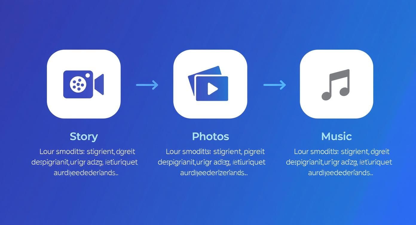 A workflow diagram showing conversion from story video to photos and then to music.