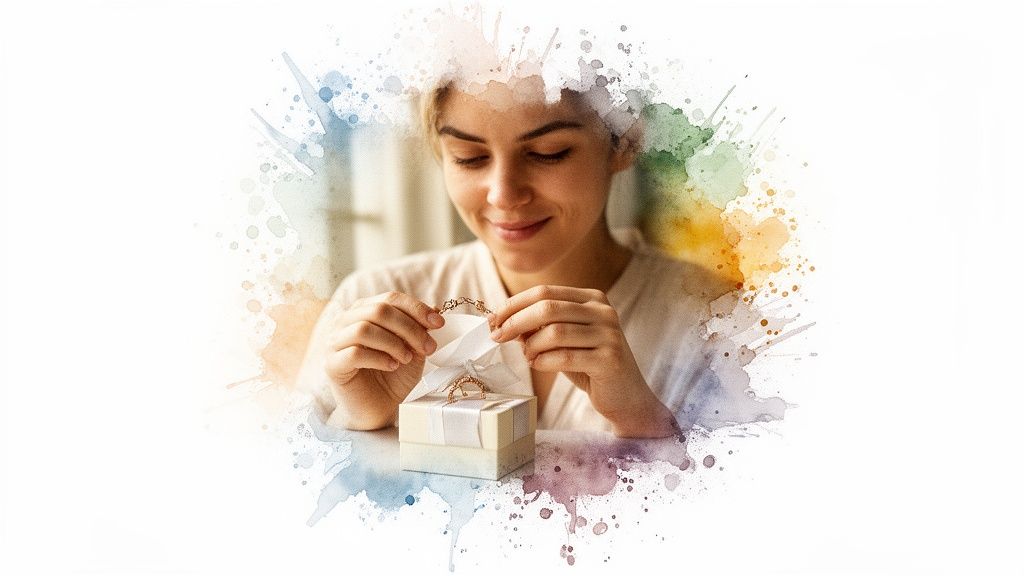 A smiling woman happily opens a gift box, revealing beautiful gold jewelry.
