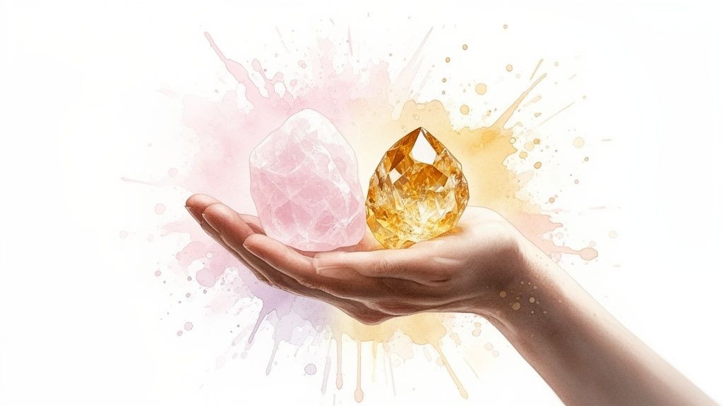 A hand holds a pink rose quartz and a yellow citrine crystal with watercolor splatters.