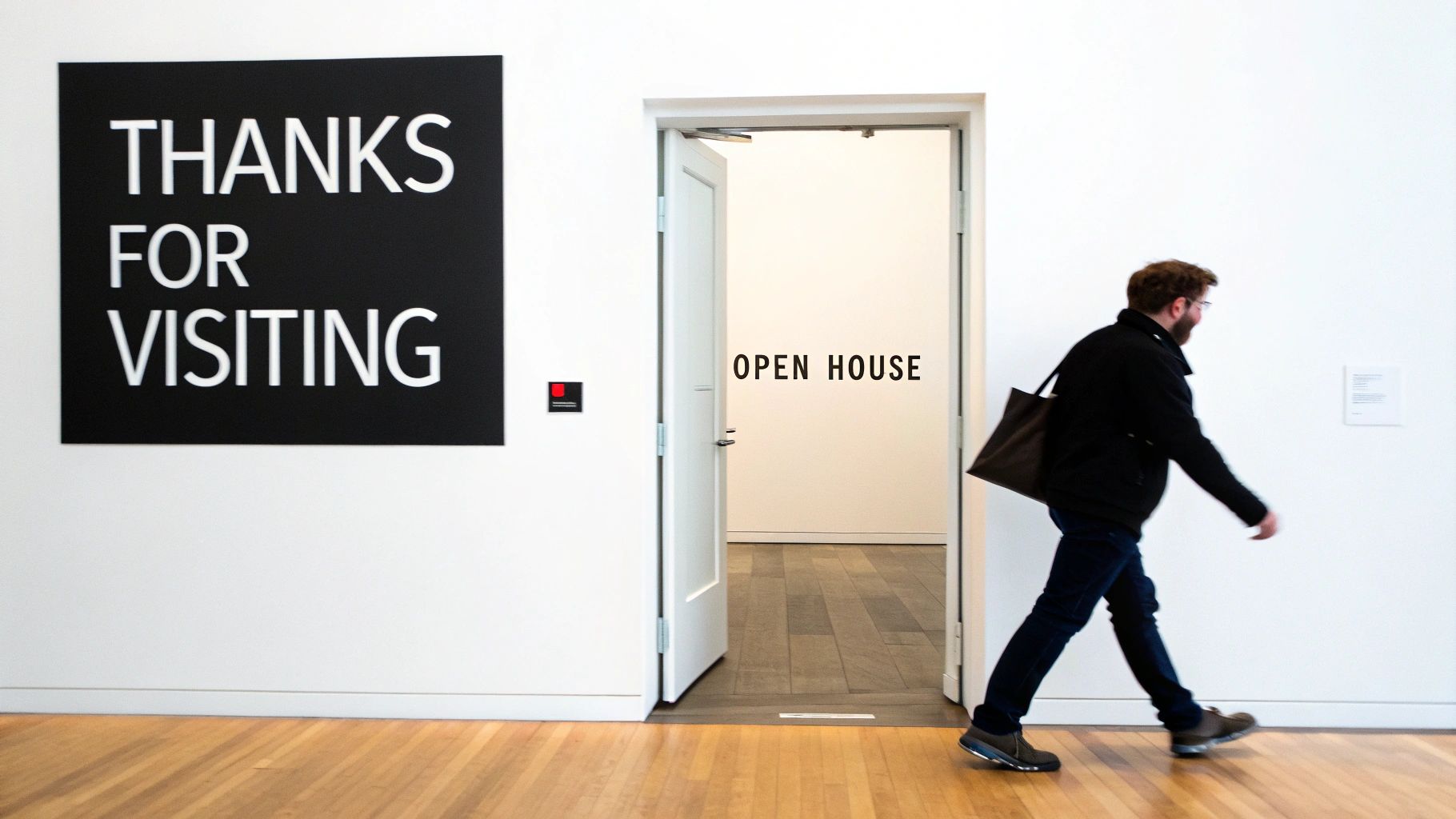 A man walks past an open door with 'OPEN HOUSE' inside and a 'THANKS FOR VISITING' sign.