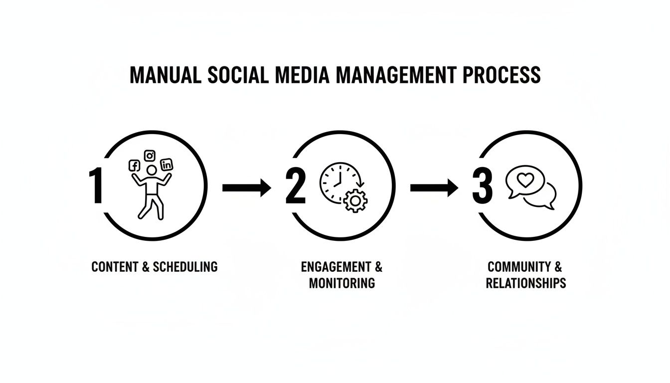 A diagram illustrating the three steps of manual social media management process: content, engagement, and community.