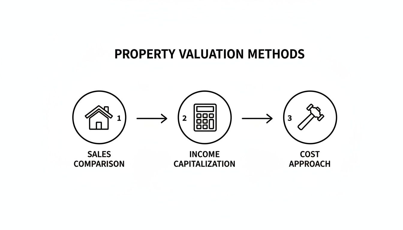 A diagram outlining three property valuation methods: sales comparison, income capitalization, and cost approach.