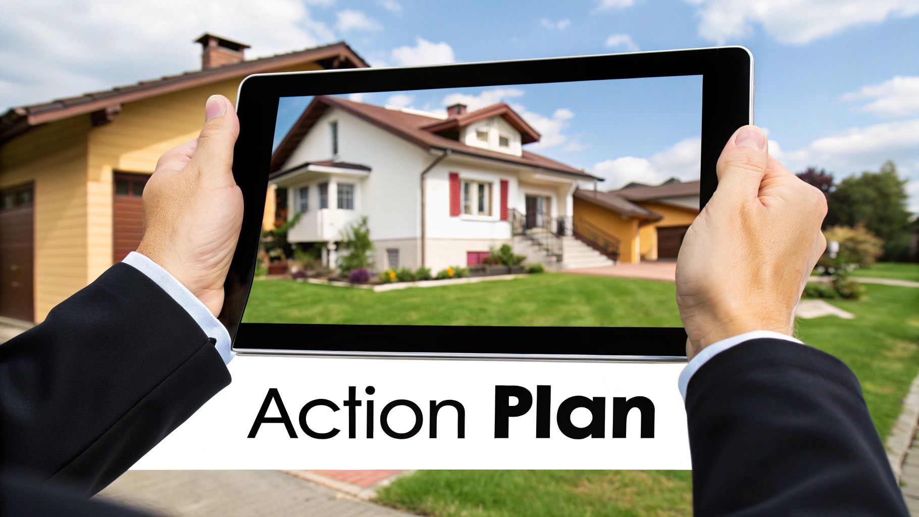 A person in a suit holds a tablet displaying a house, with 'Action Plan' text below.