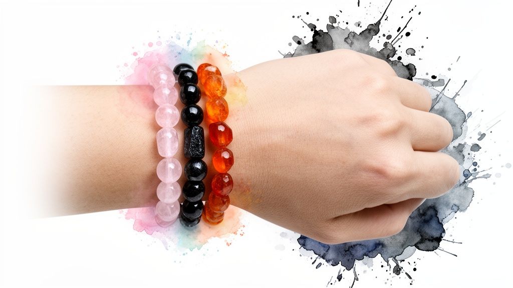 A hand wears three healing crystal bracelets: pink rose quartz, black onyx, and orange carnelian.