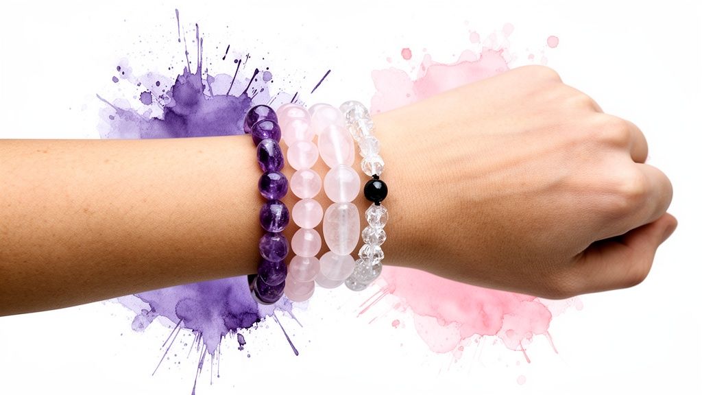 A person's arm adorned with four beaded gemstone bracelets, featuring amethyst, rose quartz, and clear quartz.