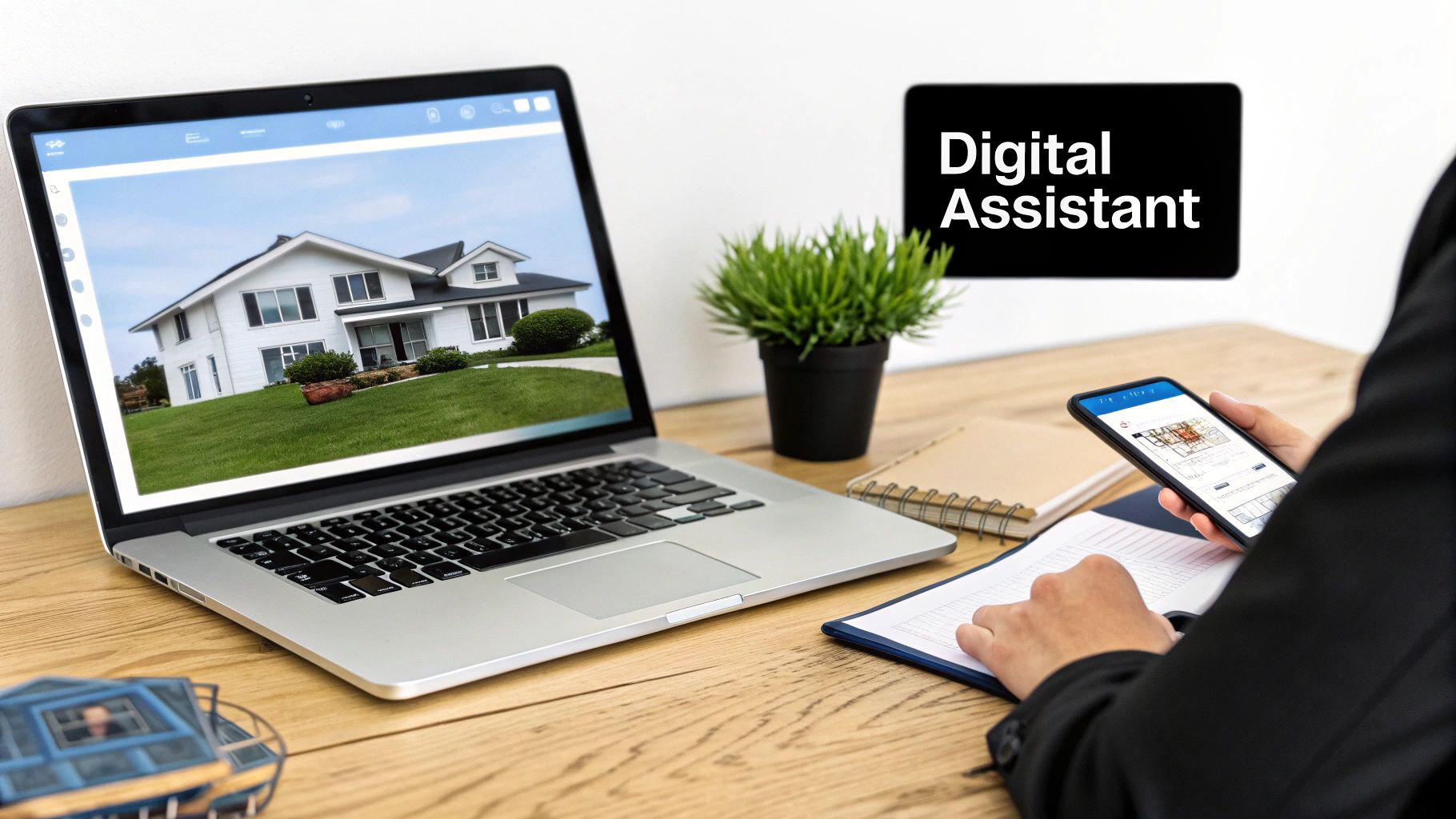 A person works on real estate tasks with a laptop and smartphone, near a 'Digital Assistant' sign.