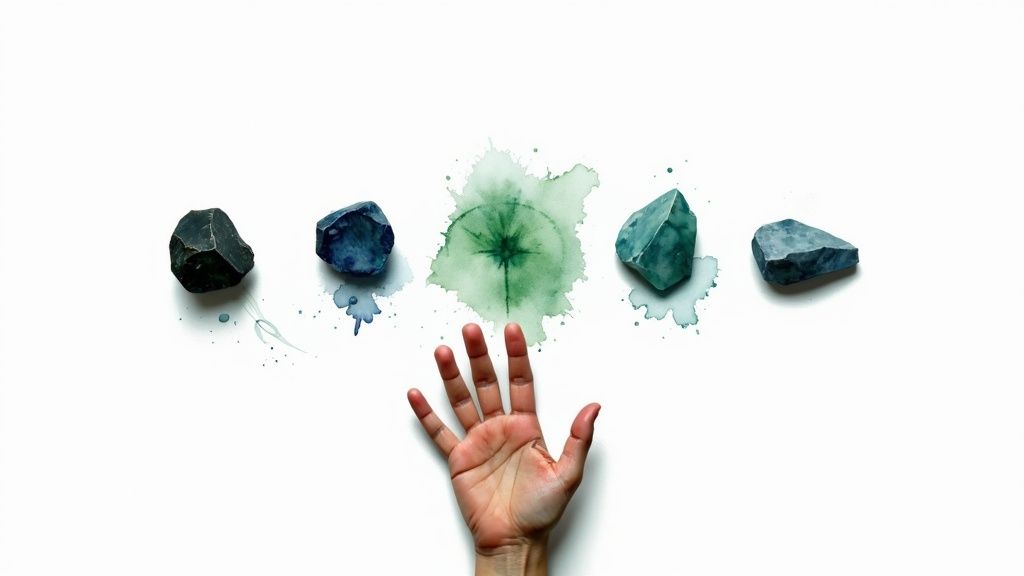 A hand below five rough gemstones in black, blue, and green hues with watercolor art.