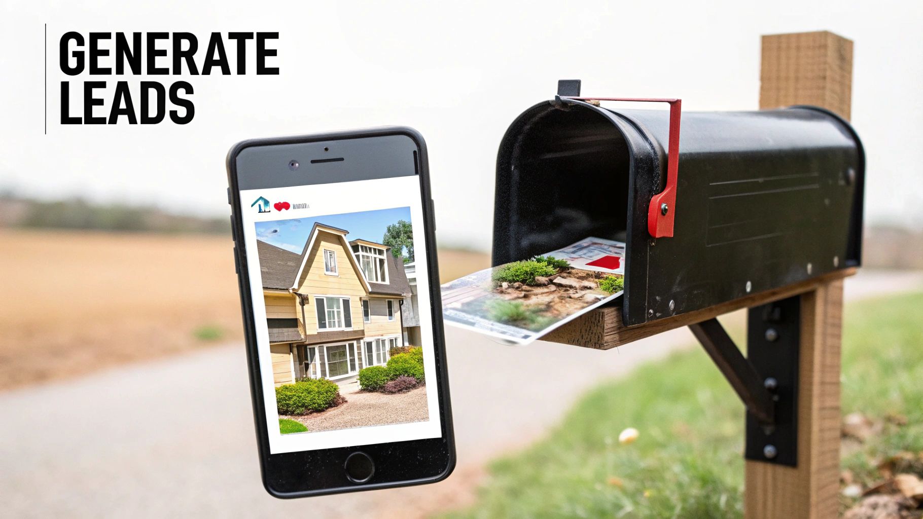 A smartphone displays a house photo next to an open mailbox with a real estate postcard, illustrating lead generation.