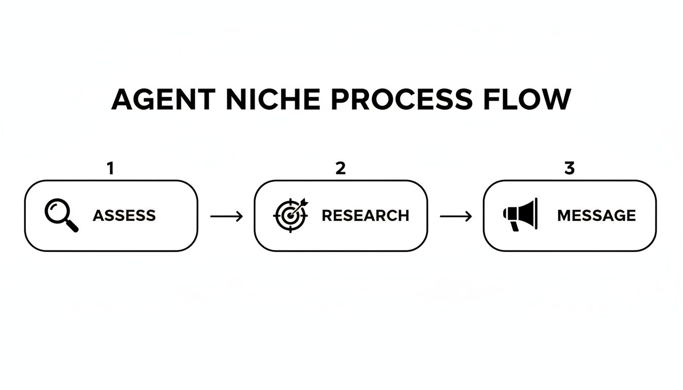 A process flow diagram detailing three steps for an agent niche: Assess, Research, and Message.