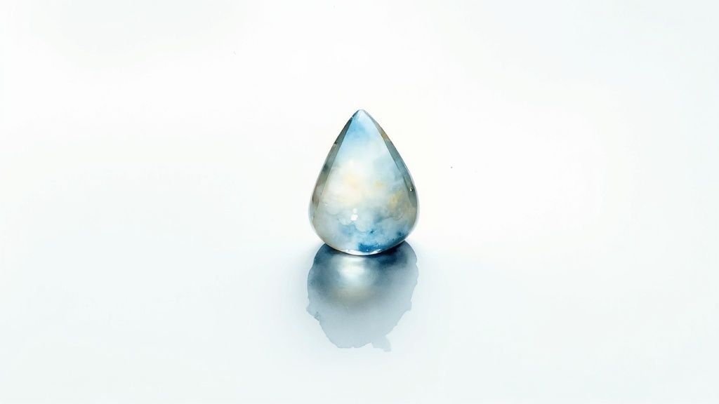 A beautiful teardrop-shaped blue and white moonstone gemstone reflecting on a glossy white surface.