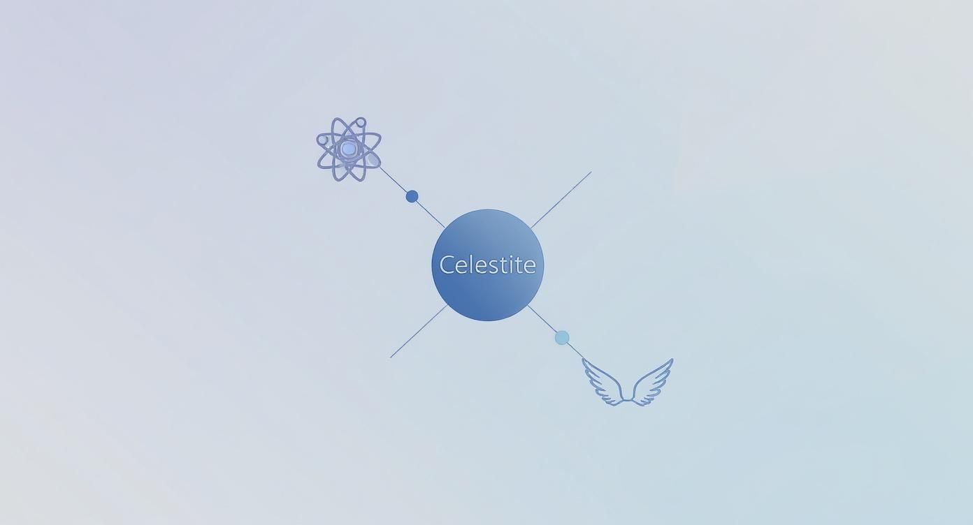 A conceptual diagram showing Celestite in a circle, linked to an atom symbol and wings on a blue background.