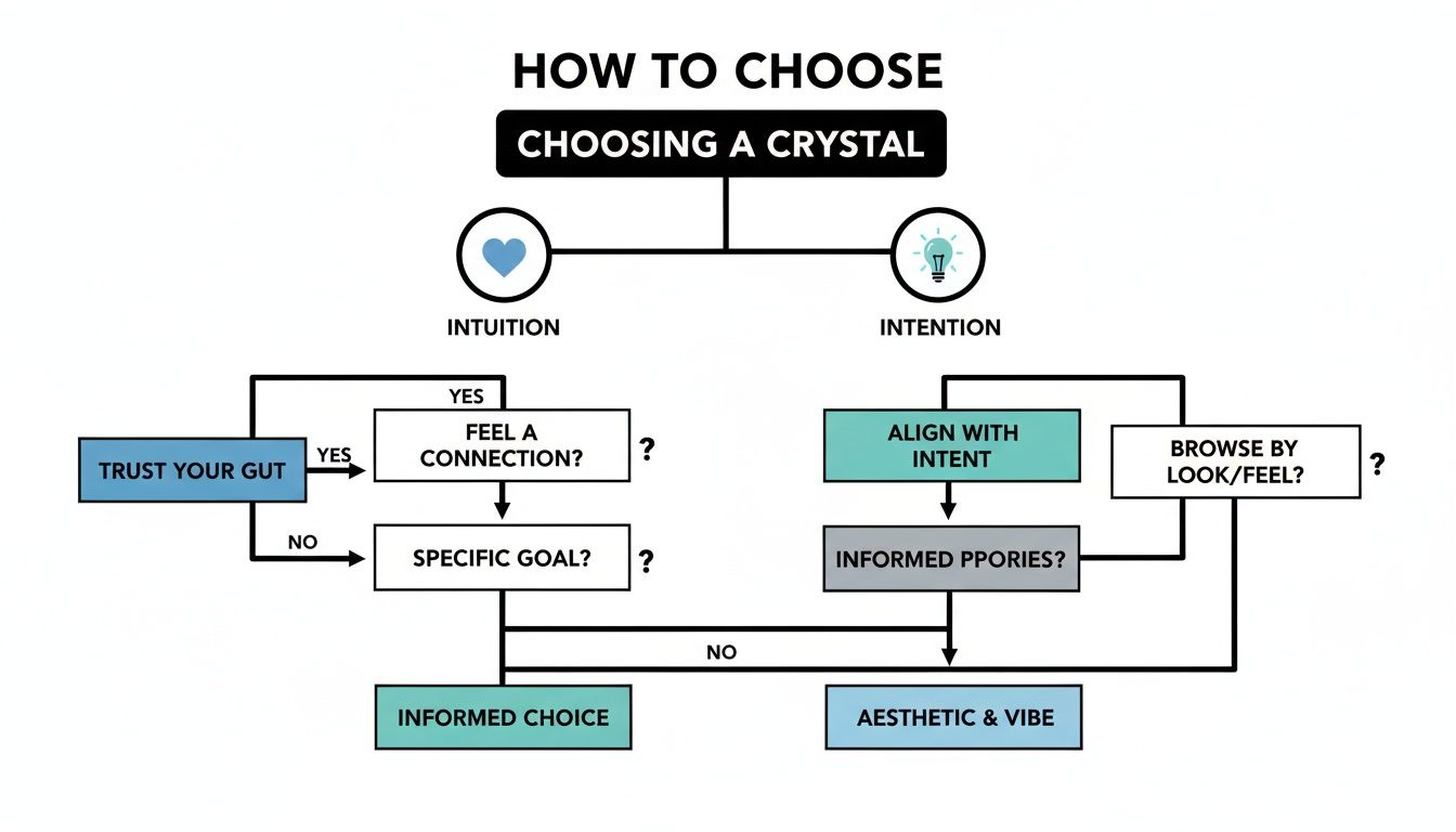 A detailed flowchart guides on choosing a healing crystal based on intuition or specific intentions.