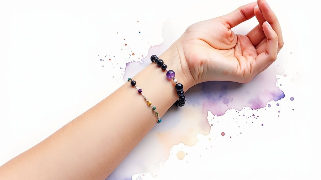 Hand wearing colorful chakra crystal beads bracelet on wrist with watercolor background
