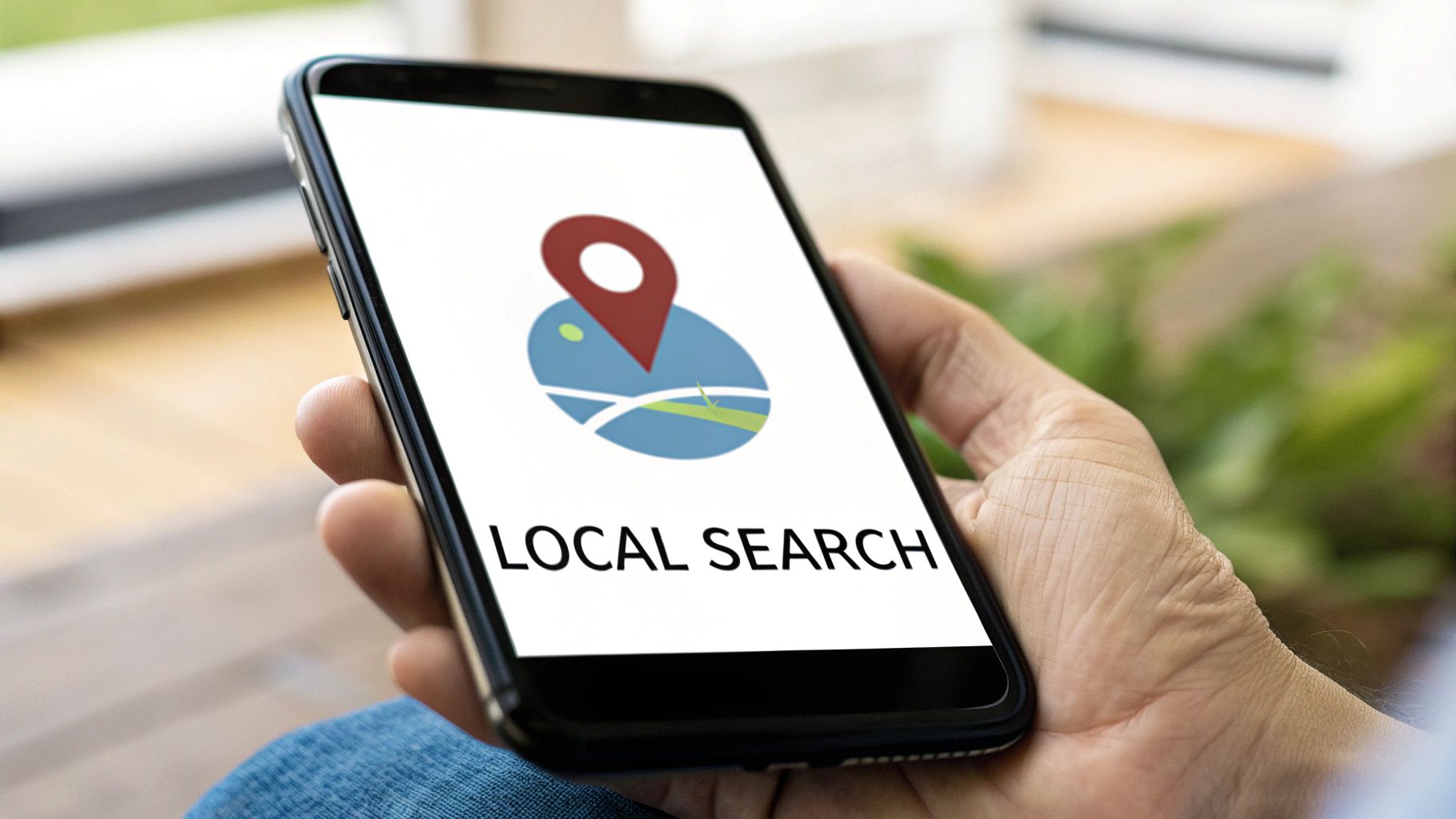 Person holding smartphone displaying local search app with map pin icon for business discovery