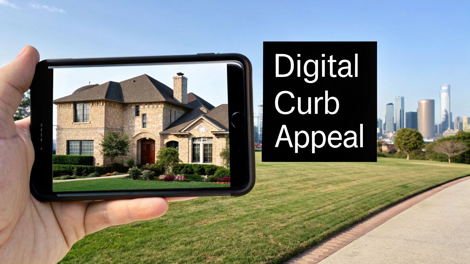A hand holds a smartphone displaying a grand house, with 'Digital Curb Appeal' text and a cityscape in the background.