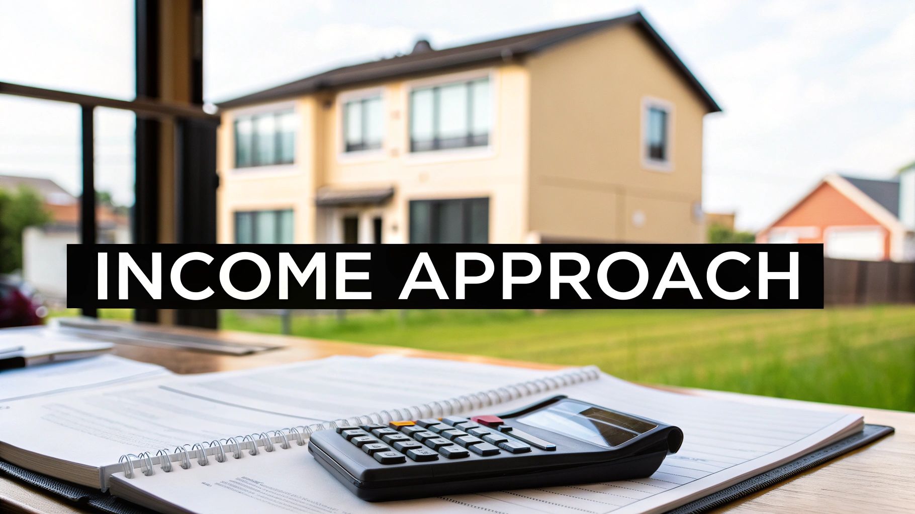 A calculator and documents on a desk, with a house in the background and 'INCOME APPROACH' text.