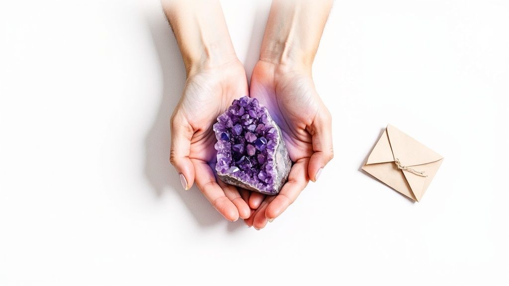 A hand holding a vibrant purple amethyst crystal, ready for cleansing.