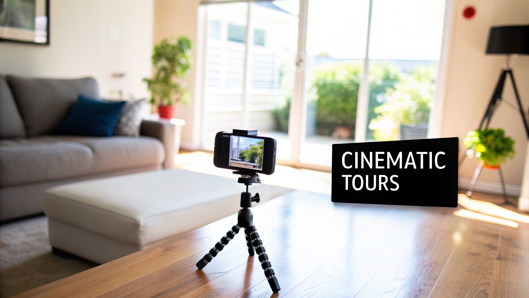 A smartphone on a tripod records a video in a bright living room, with a 'CINEMATIC TOURS' sign.