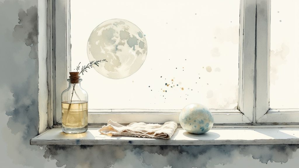 Watercolor painting of a serene window sill with a full moon, bottle, cloth, and sphere.