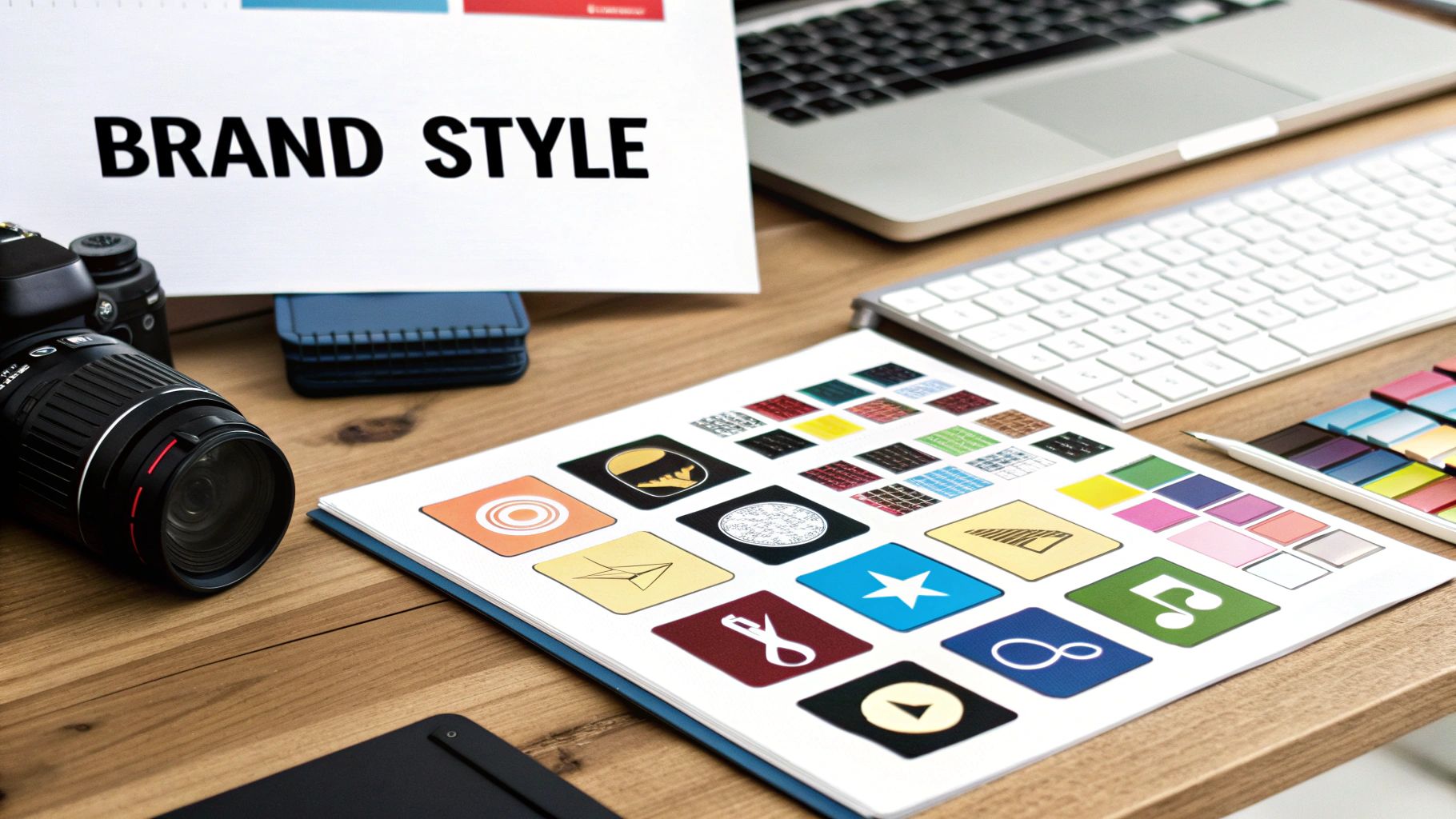 A creative desk with 'BRAND STYLE' document, digital camera, laptop, and color palettes for design work.