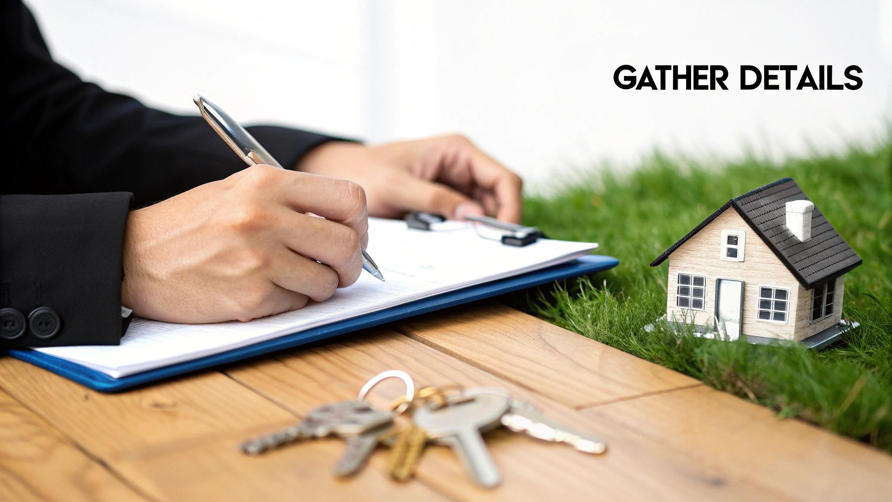 A person in a suit writes on a clipboard, with a miniature house and keys, symbolizing real estate details.