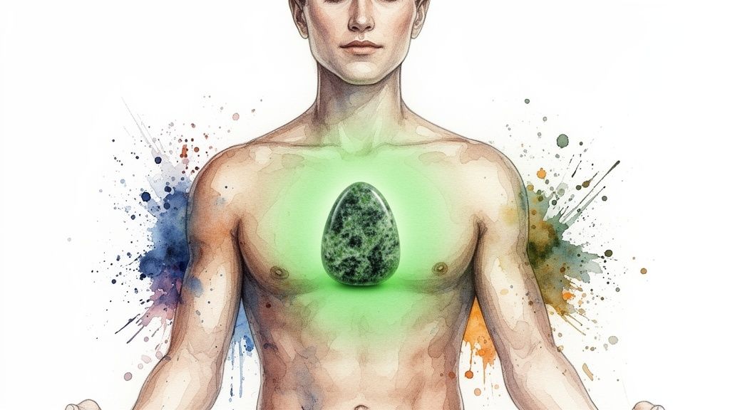 A watercolor illustration of a person with a glowing green moss agate egg in their chest.