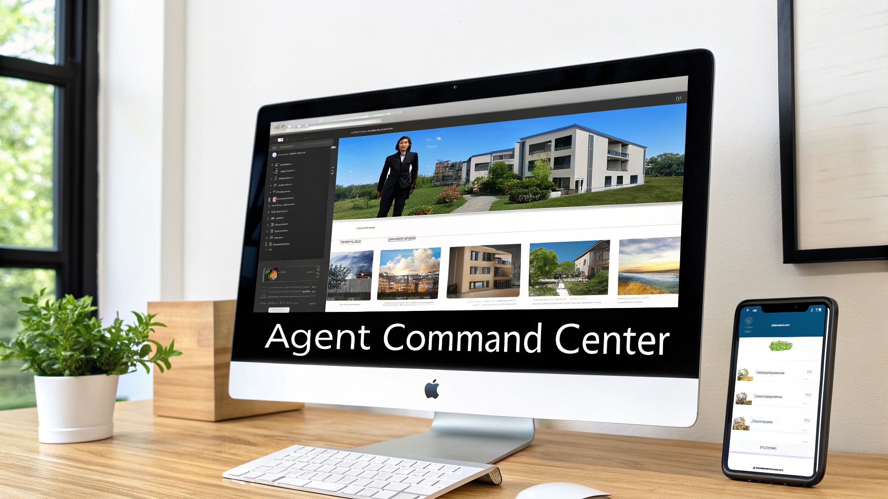 Modern desktop computer and smartphone displaying real estate agent command center software with property listings.