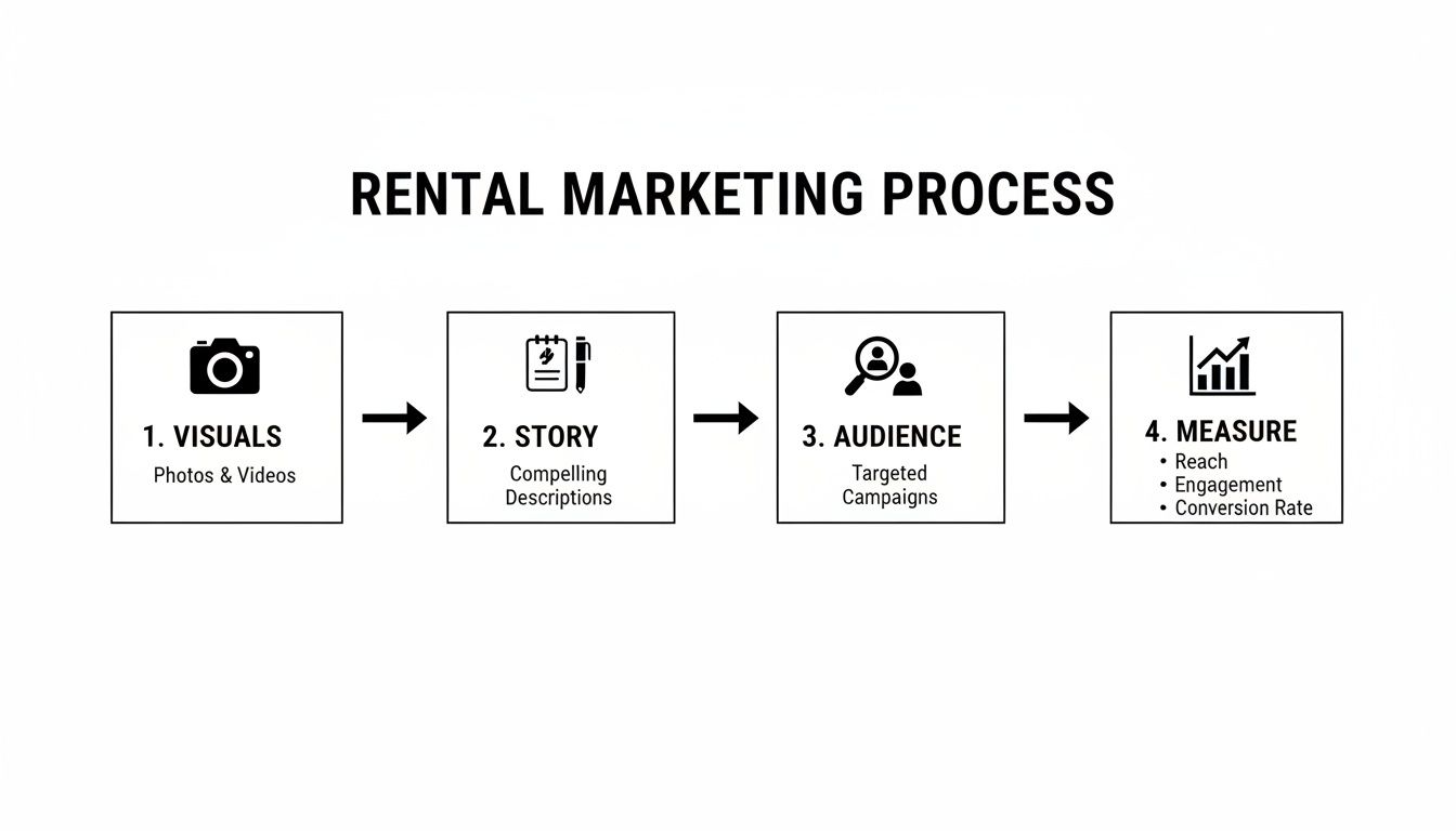 A four-step rental marketing process flowchart detailing visuals, story, audience targeting, and performance measurement.