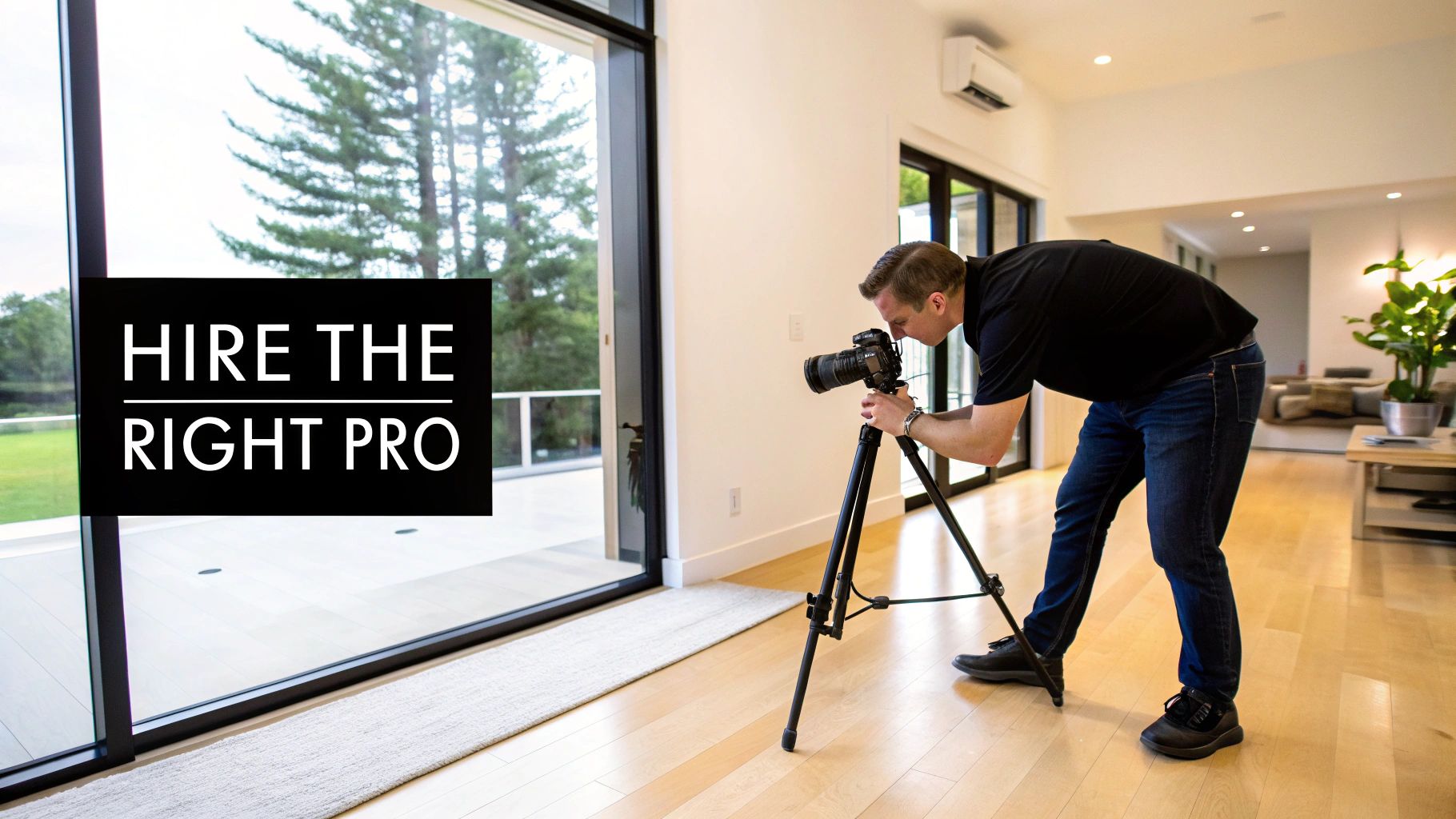A professional photographer captures modern home interiors with a tripod-mounted camera. Overlay text: 'HIRE THE RIGHT PRO'.