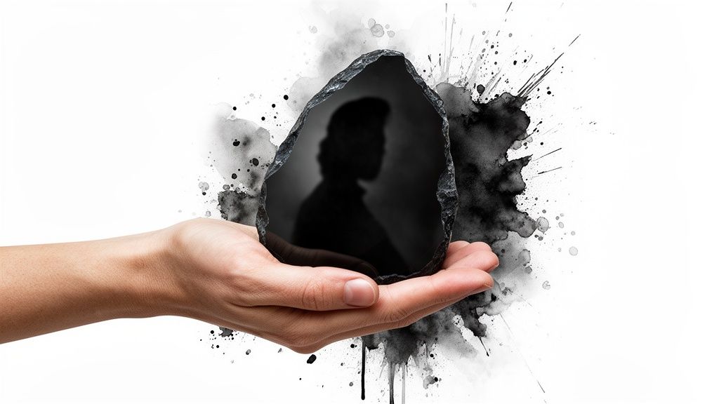 A hand holds a black obsidian stone reflecting a blurred silhouette of a person, against abstract black ink splatters.