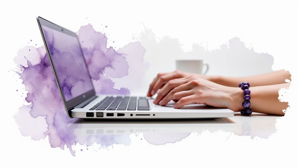 A close-up shot of a deep purple amethyst bracelet resting on a person's wrist.