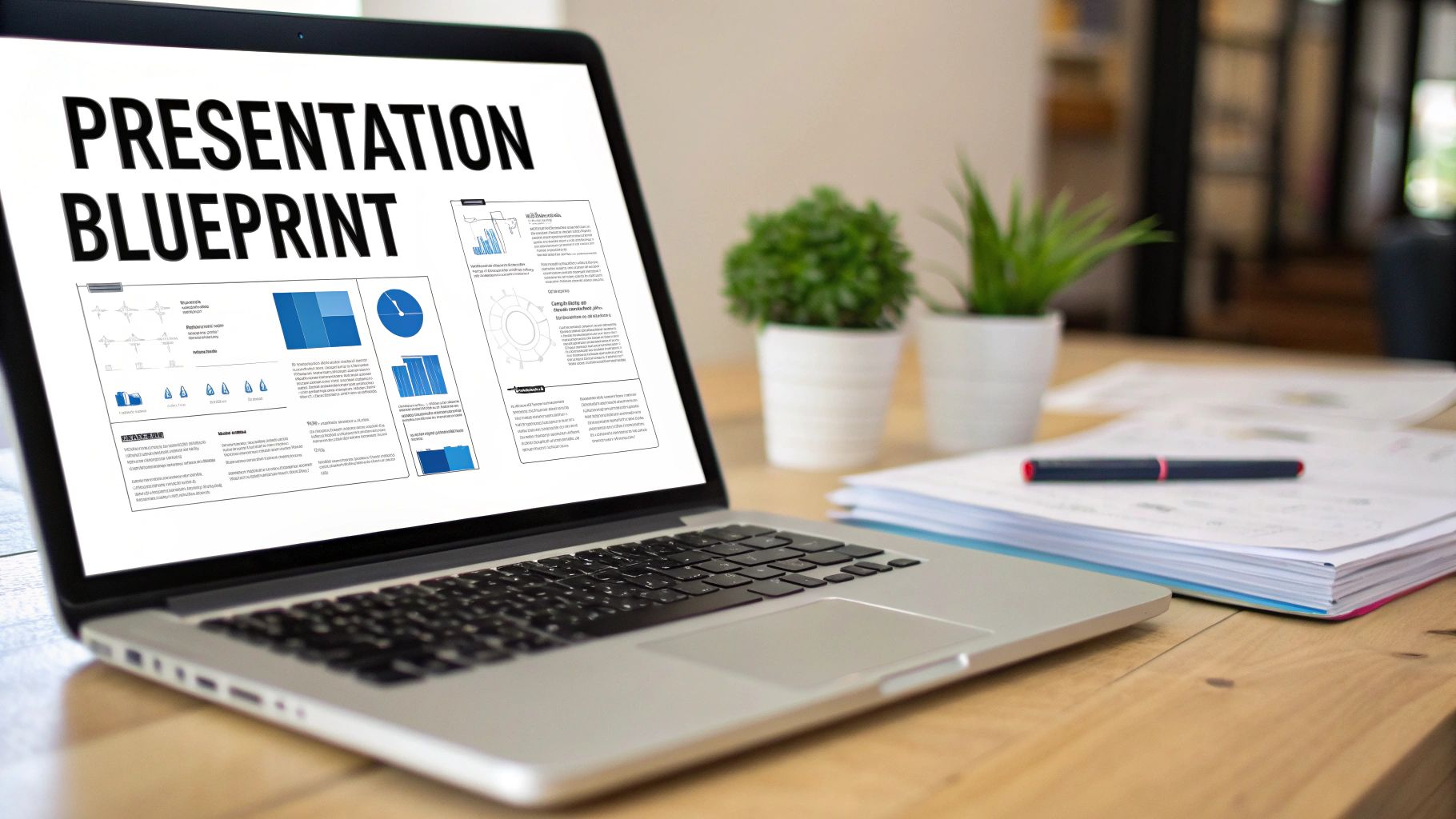 A laptop displays a 'Presentation Blueprint' with charts and text on a wooden desk, alongside plants and documents.
