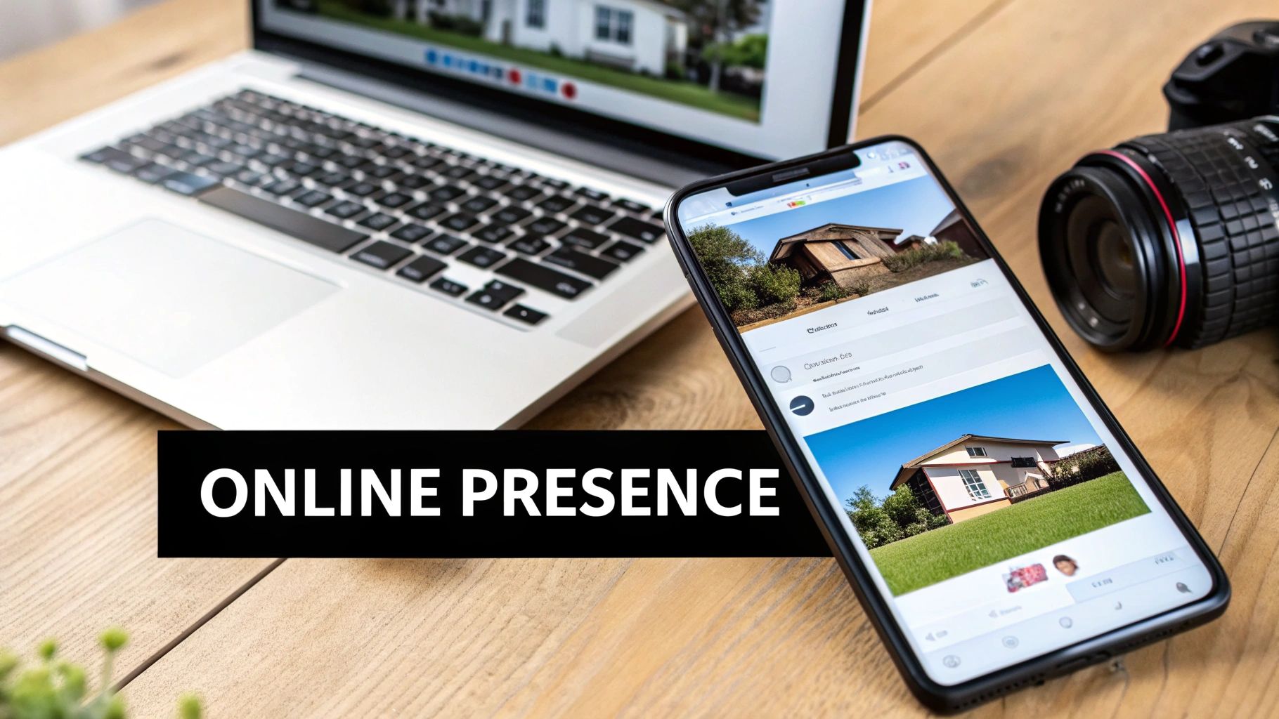 A laptop, smartphone displaying house listings, and a camera on a wooden desk with 'ONLINE PRESENCE' text.
