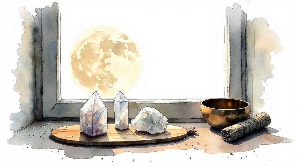 A watercolor illustration of a full moon in a window, with crystals and a singing bowl on the sill.