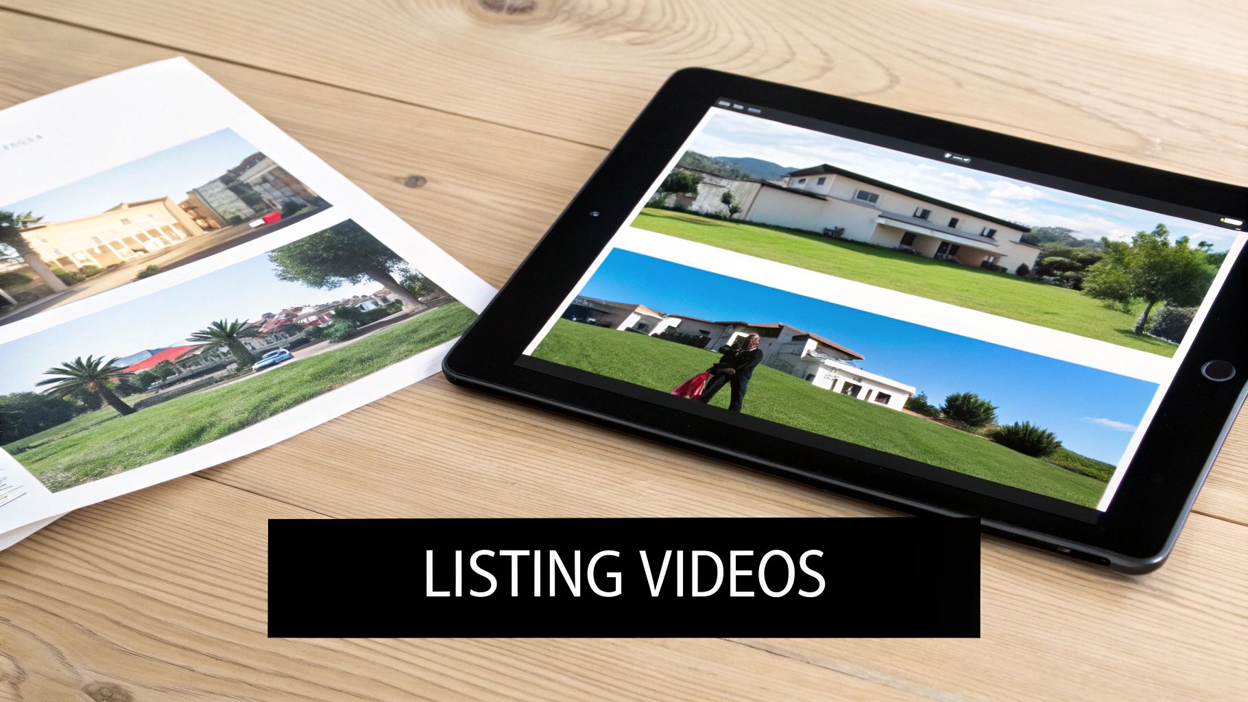 A tablet and a brochure on a wooden table, both displaying real estate listing photos and videos.