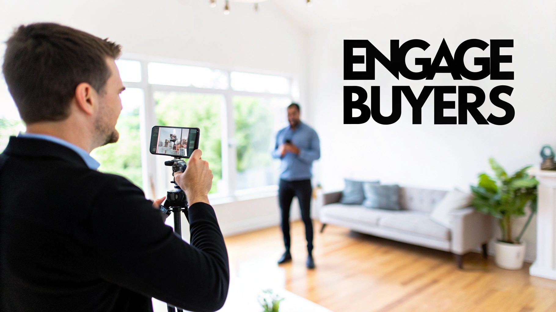 Man filming another man with a smartphone on a tripod in a bright room with 'ENGAGE BUYERS' text.