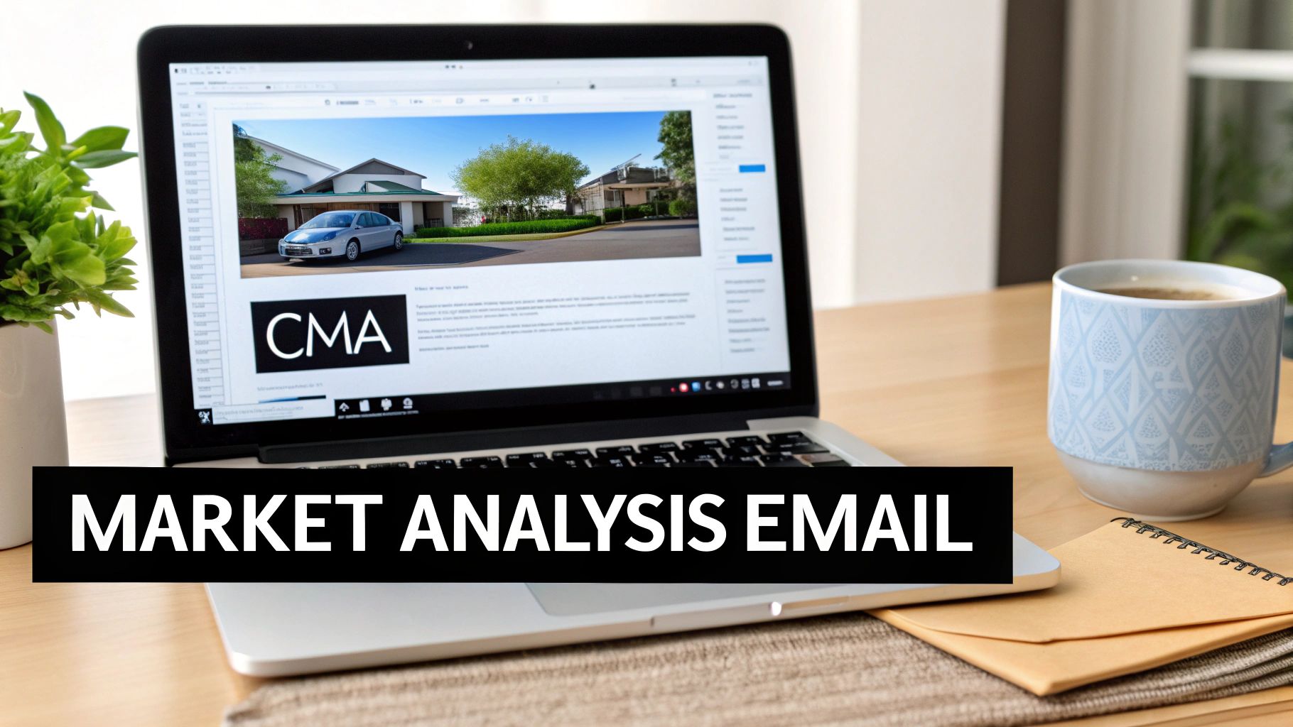 Laptop displaying real estate market analysis with a house and car, a plant, coffee, and 'Market Analysis Email' banner.