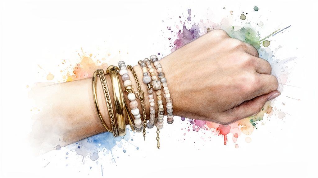 A hand and forearm adorned with a mix of gold and beaded bracelets, set against colorful watercolor splashes.