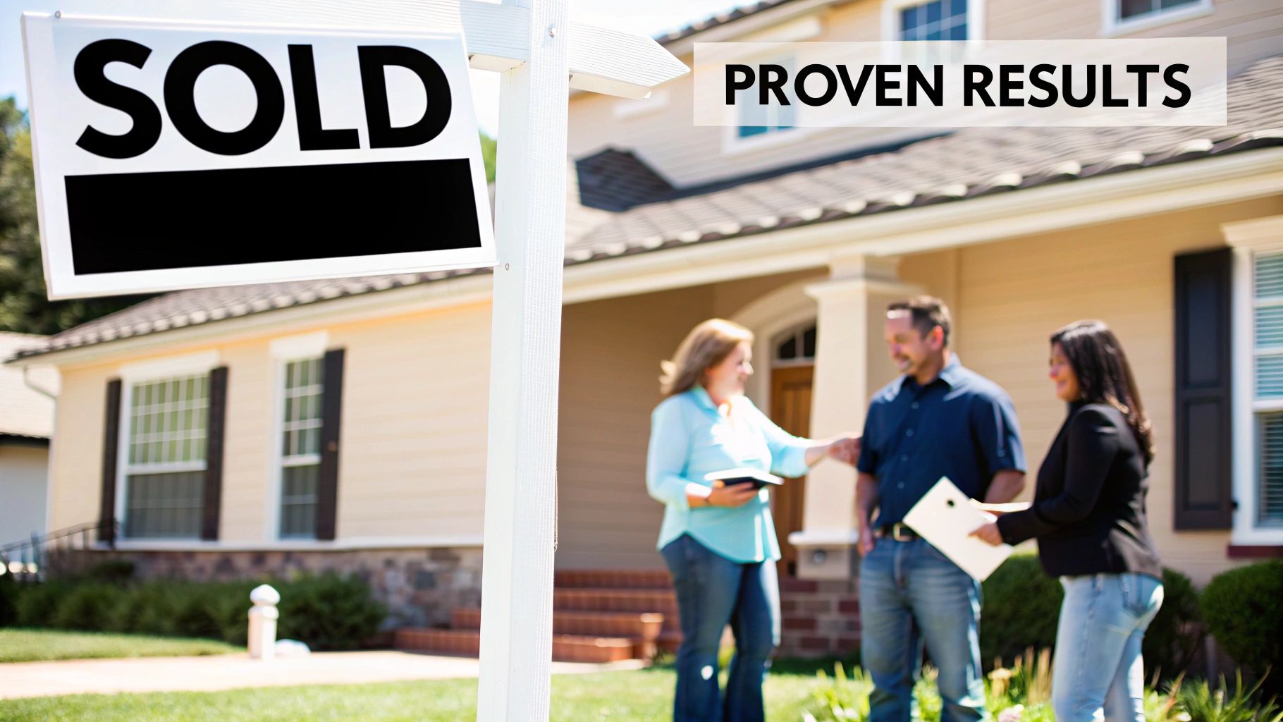 A real estate "SOLD" sign in front of a house, with realtors and clients interacting.
