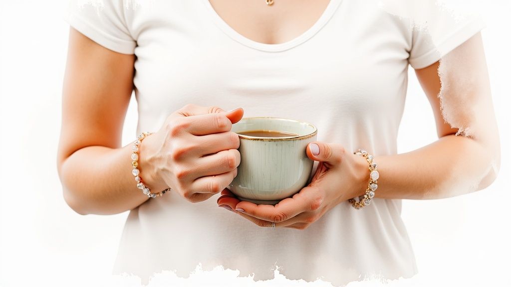A person holds a light green mug with both hands, wearing beaded crystal bracelets on each wrist.