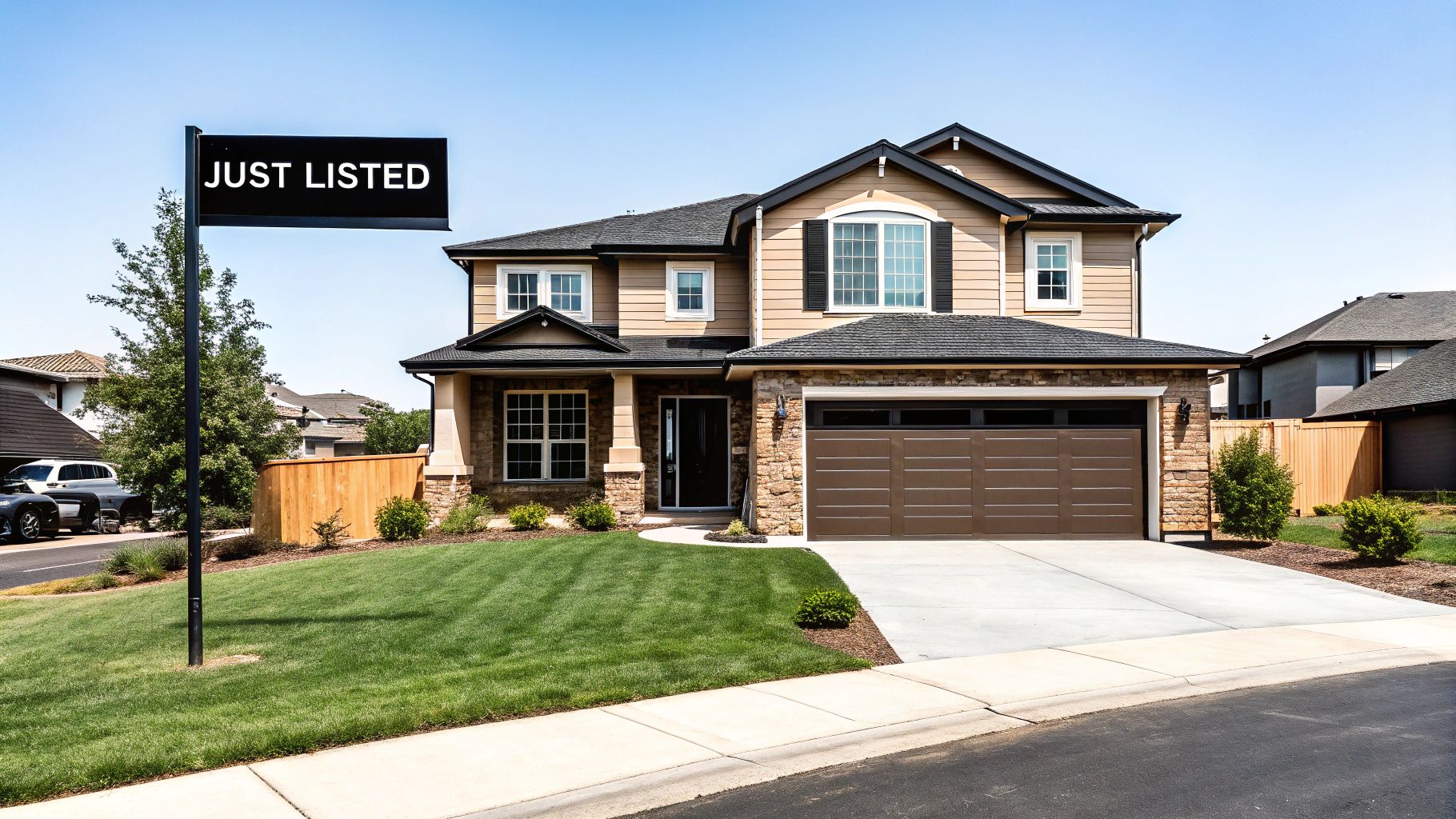 A modern two-story house with a 'JUST LISTED' sign, green lawn, and brown garage.