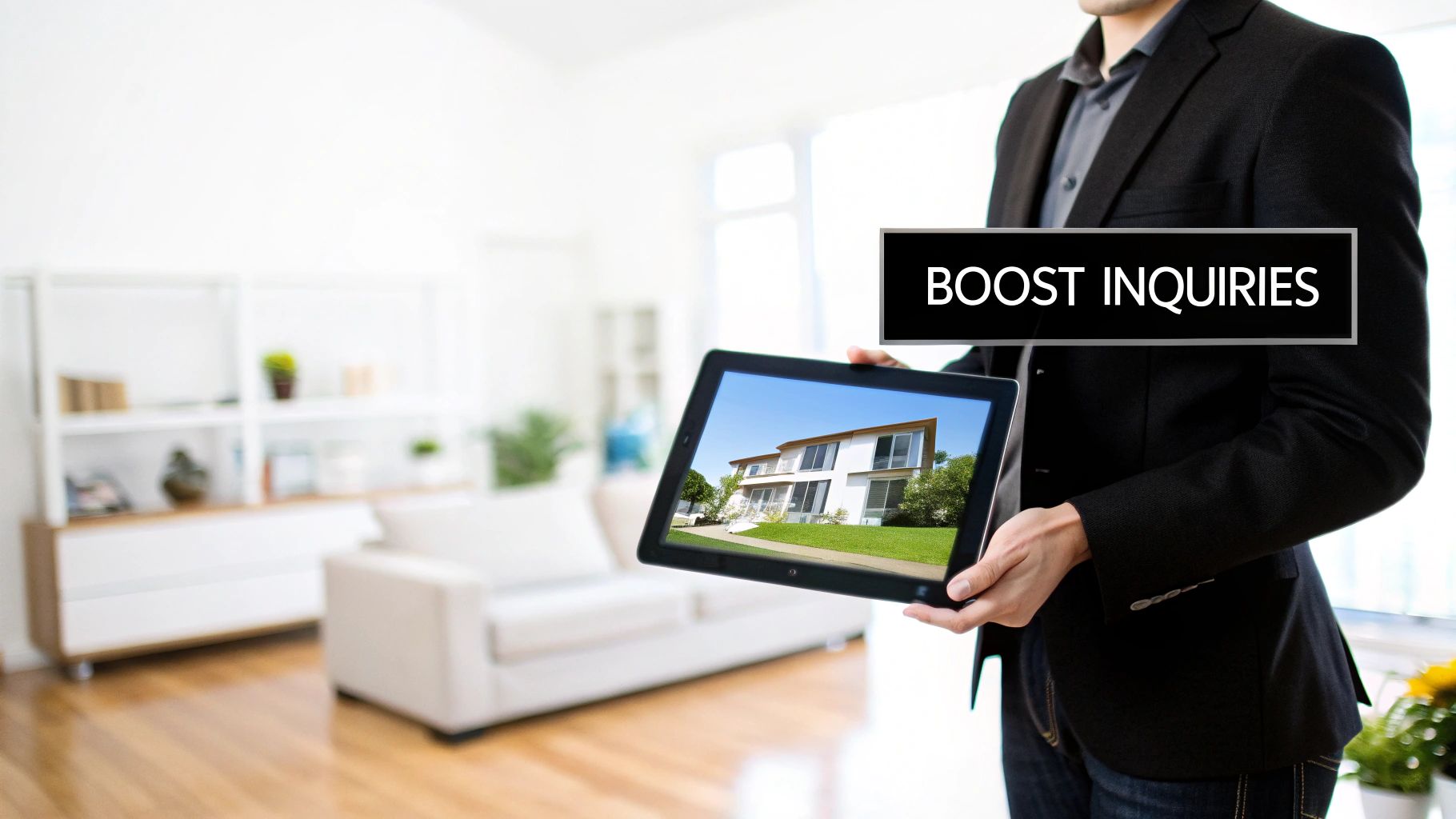 A person in a suit holds a tablet displaying a modern house, with 'BOOST INQUIRIES' text overlay.