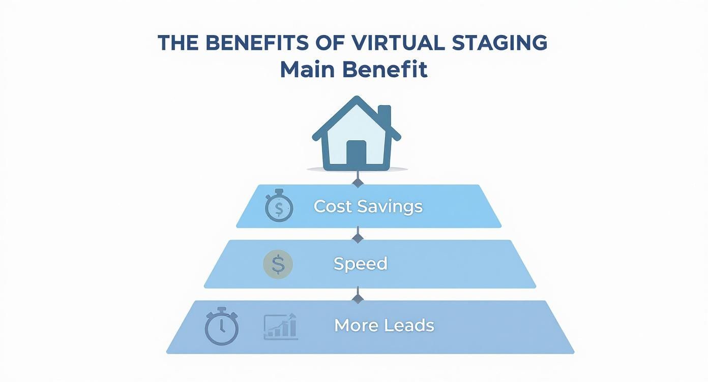 An infographic showing the main benefits of virtual staging, including cost savings, speed, and increased leads, branching from a central house icon.