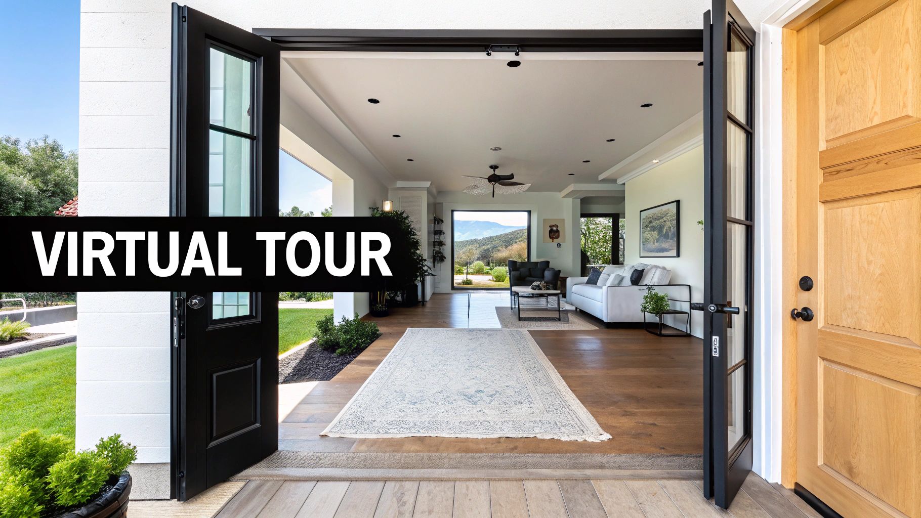 Open doors to a modern home's living room, showcasing a beautiful view with a 'VIRTUAL TOUR' banner.