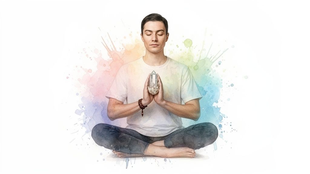 A person meditates in a cross-legged position, holding a clear crystal, with colorful watercolor background.