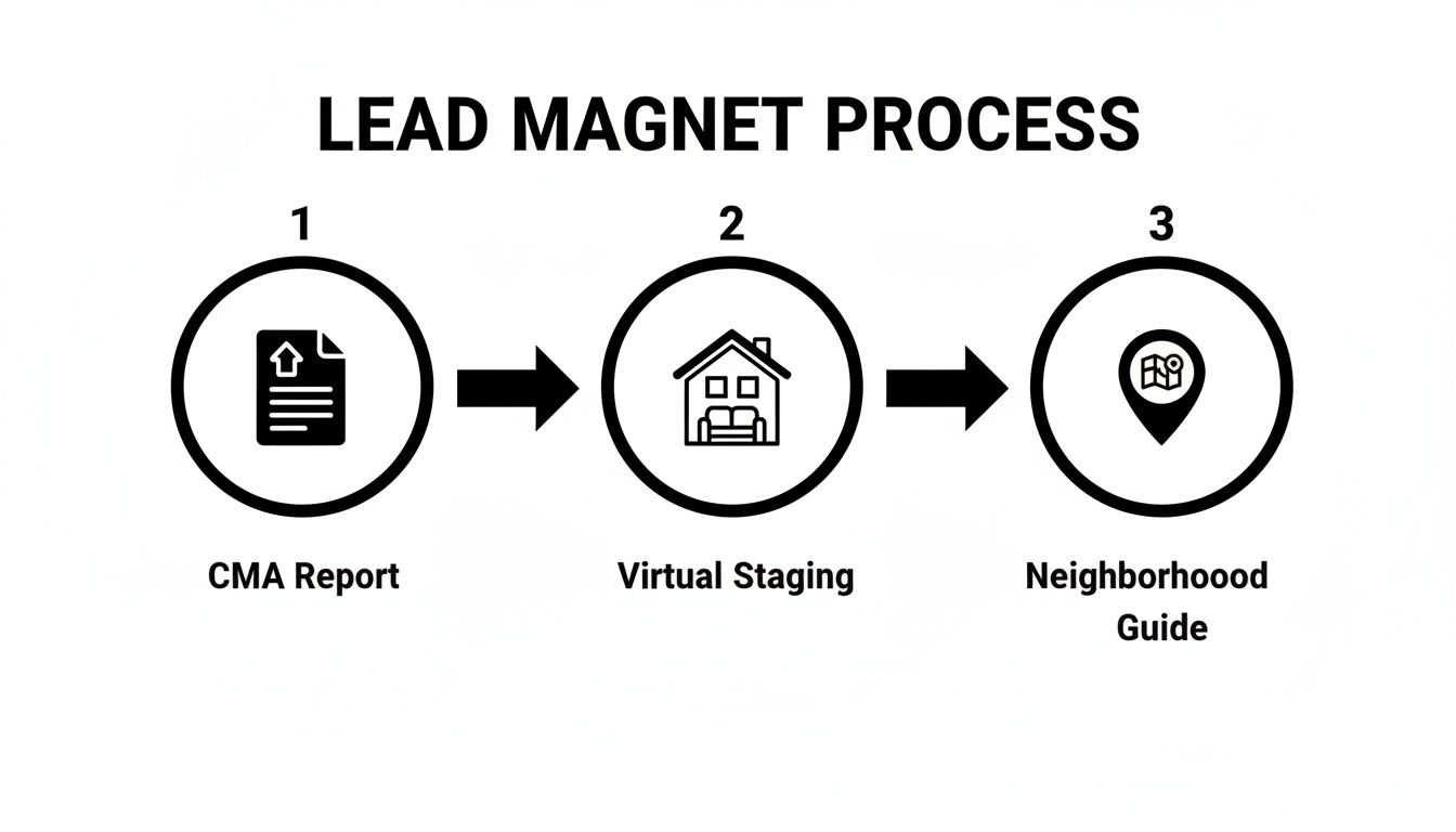 Diagram illustrating a three-step real estate lead magnet process with CMA Report, Virtual Staging, and Neighborhood Guide.