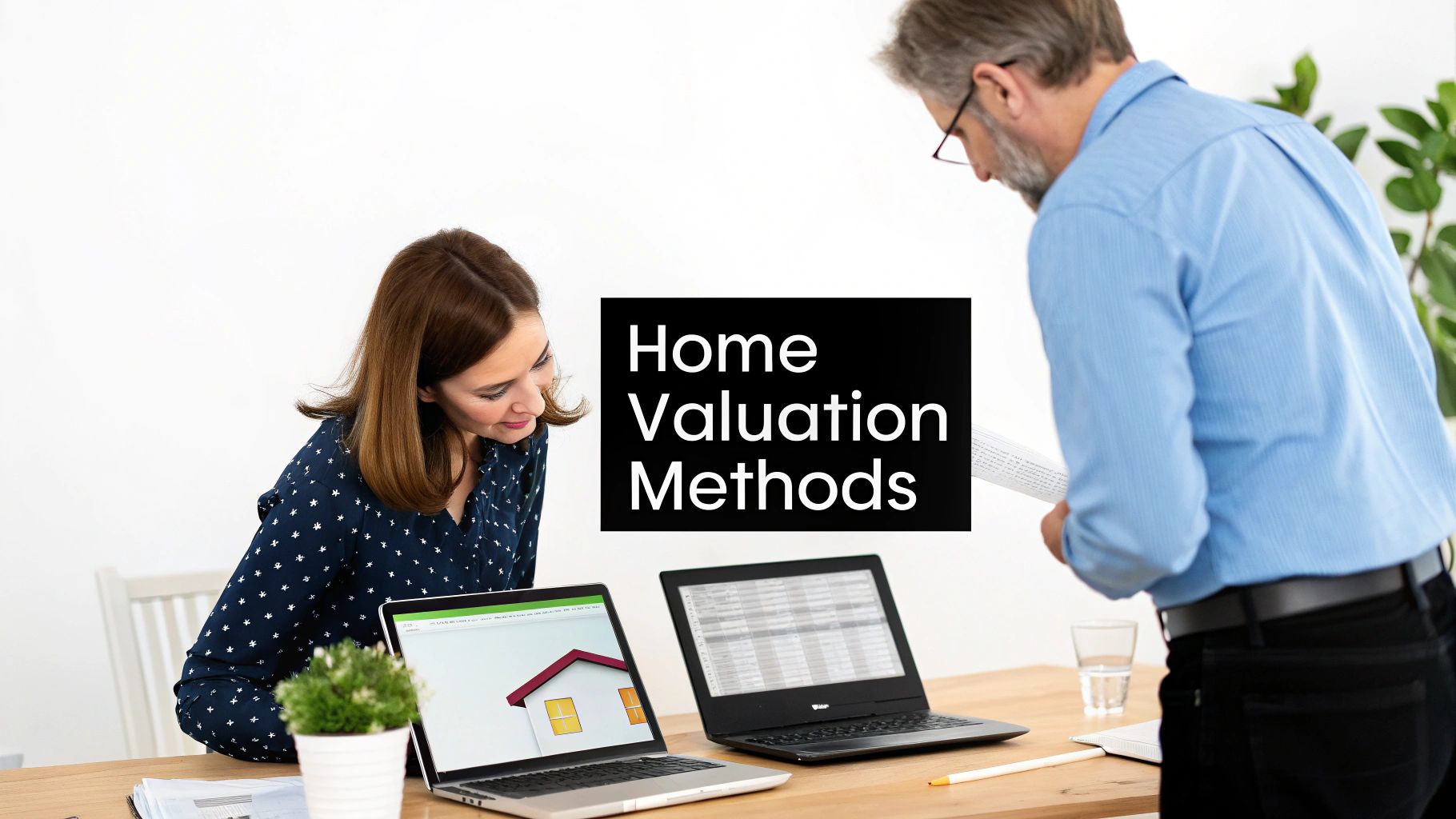 A magnifying glass hovering over a model of a house, symbolizing the process of home valuation.