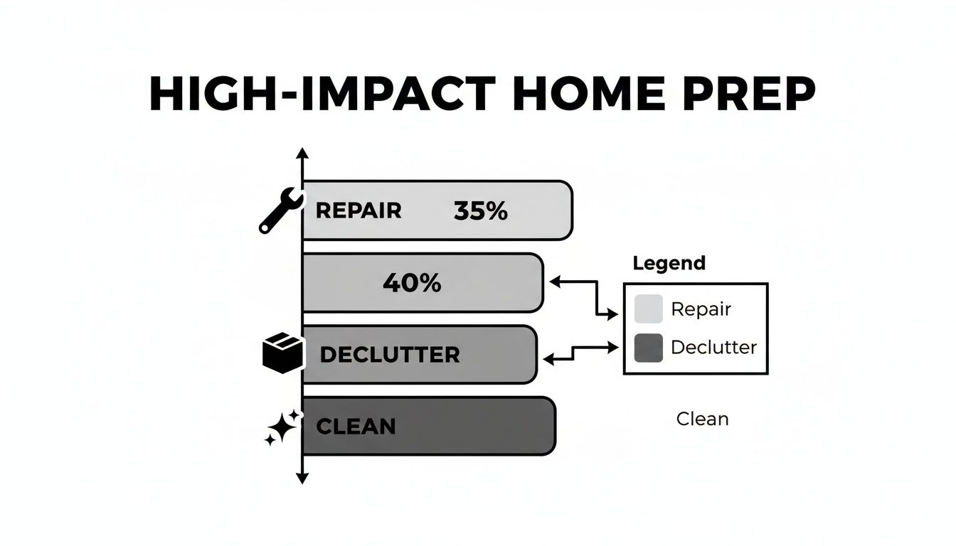 Bar chart detailing high-impact home preparation tasks: repair (35%, 40%), declutter, and clean.