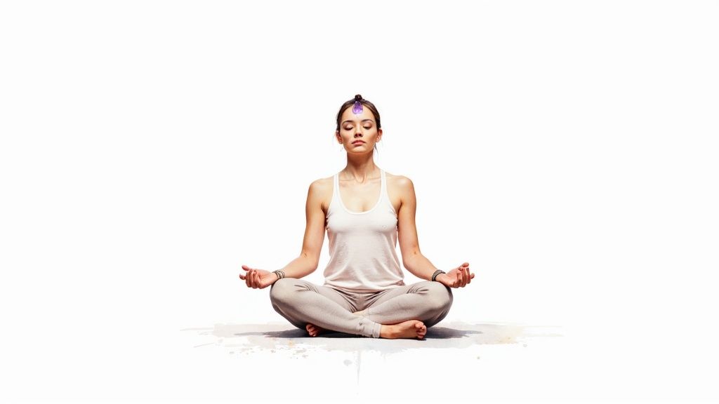 A woman meditates in a white tank top and pants, with a purple crystal on her forehead.